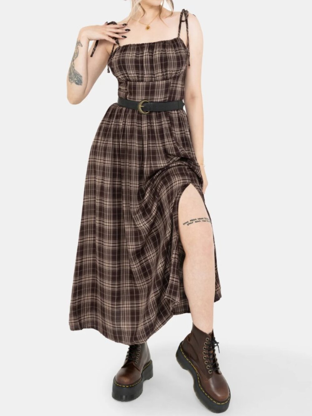 Adra Check Cami Tie Strap Midi Dress